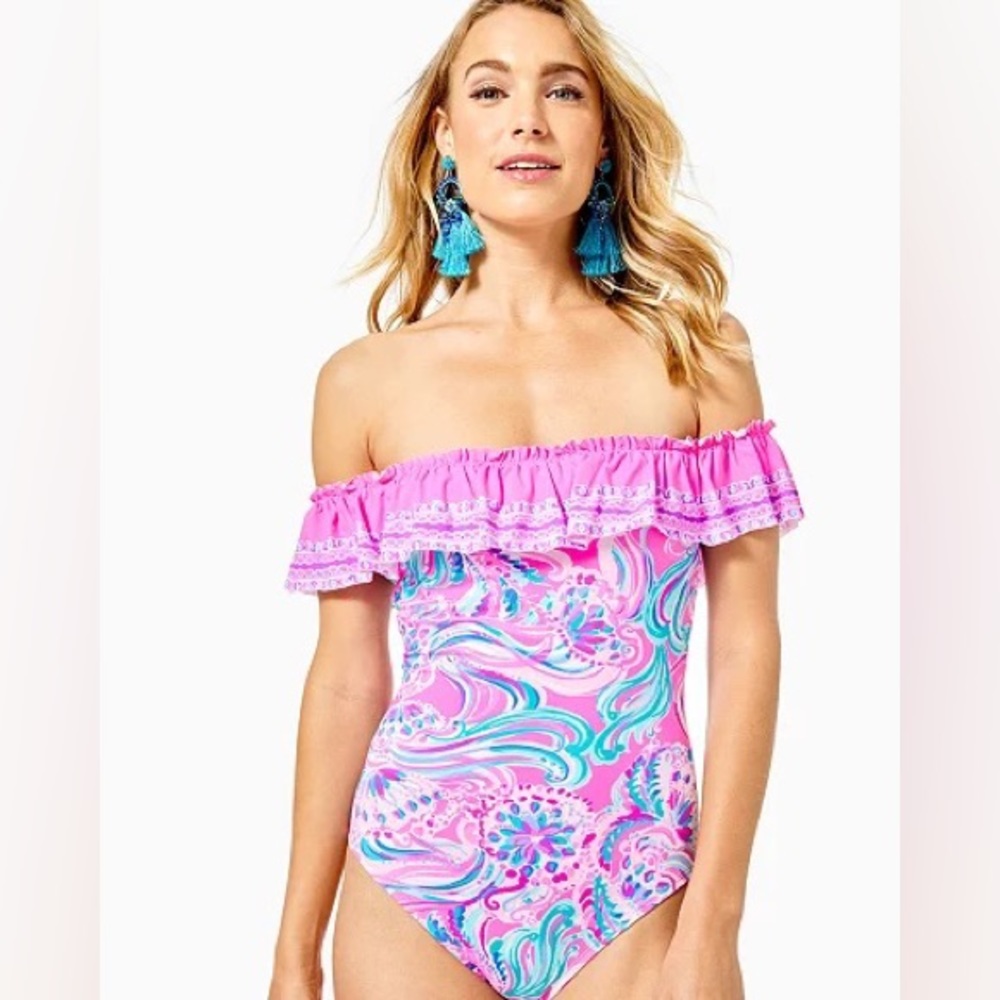 NWT Lilly Pulitzer Fiesta Off-The-Shoulder One-Piece swimsuit, 10